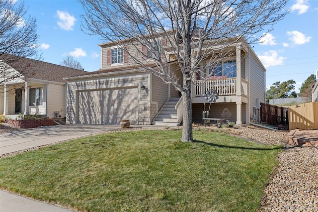 20466 Willowbend Ln, Parker, CO 80138 - traditional-style house with a front lawn, fence, an attached garage, driveway, and stairway