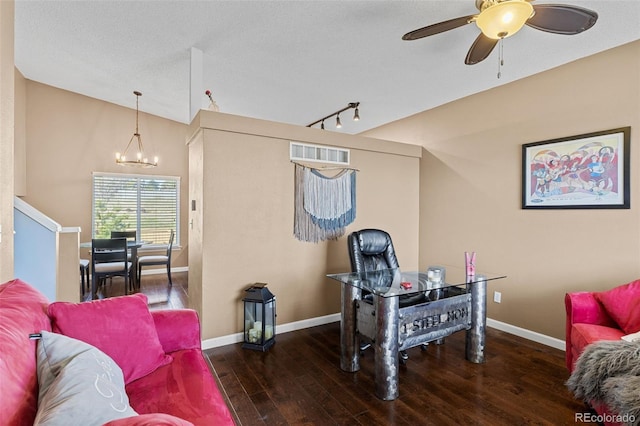 20466 Willowbend Ln, Parker, CO 80138 - home office with baseboards, wood-type flooring, ceiling fan with notable chandelier, and visible vents