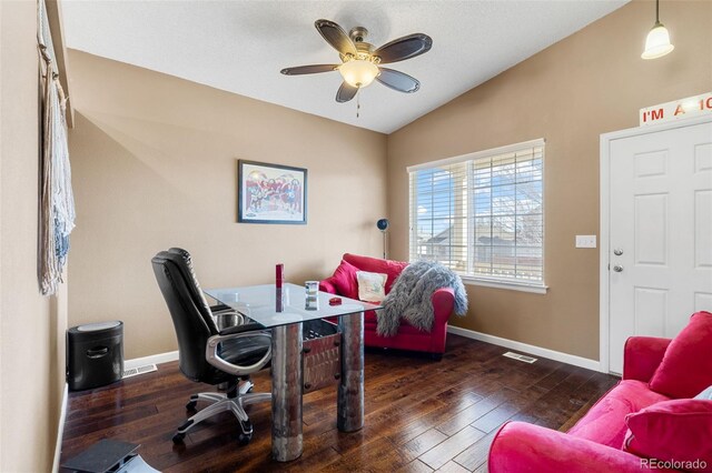 20466 Willowbend Ln, Parker, CO 80138 - office with visible vents, a ceiling fan, baseboards, and lofted ceiling