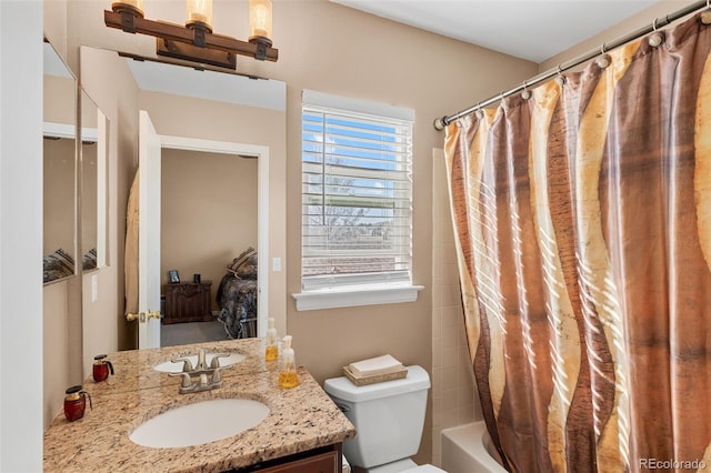 20466 Willowbend Ln, Parker, CO 80138 - bathroom with toilet, shower / bathtub combination with curtain, and vanity