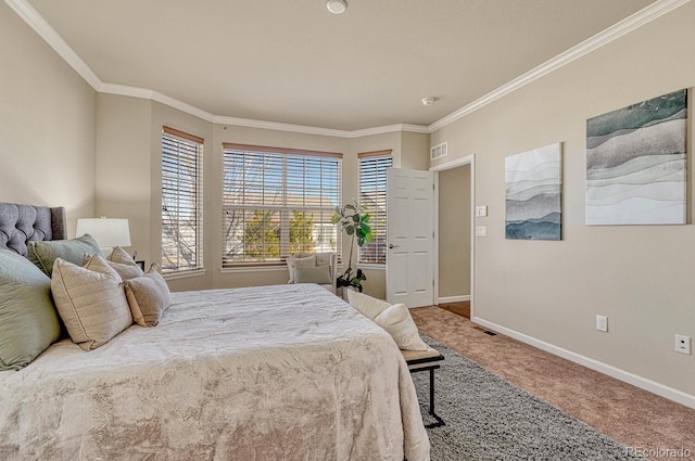 bedroom featuring carpet and crown molding