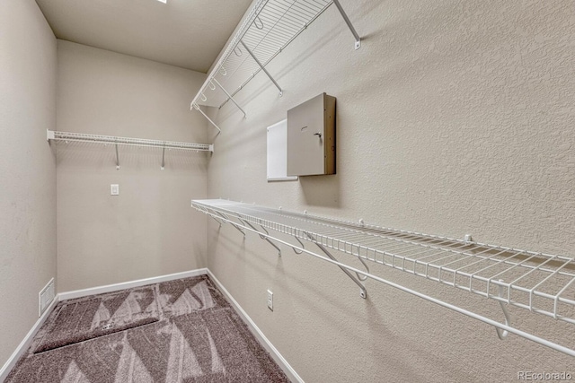 walk in closet featuring carpet flooring