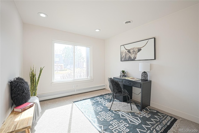 carpeted home office featuring a baseboard heating unit