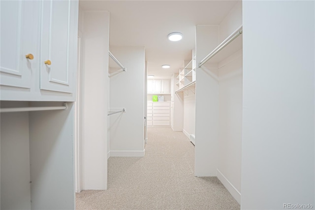 walk in closet with light colored carpet