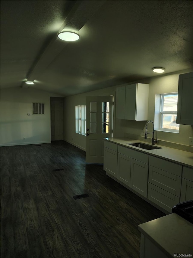 kitchen with lofted ceiling, dark wood-type flooring, a sink, visible vents, and light countertops