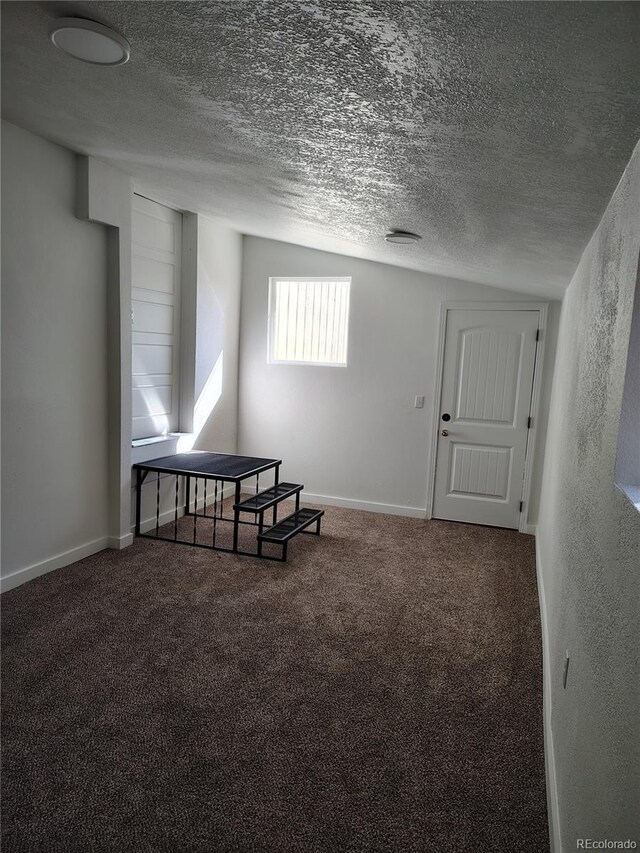 interior space featuring a textured ceiling, carpet floors, and baseboards