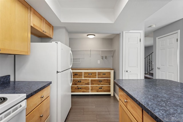 6711 S Race St, Centennial, CO 80122 - kitchen with dark countertops, light brown cabinetry, and freestanding refrigerator