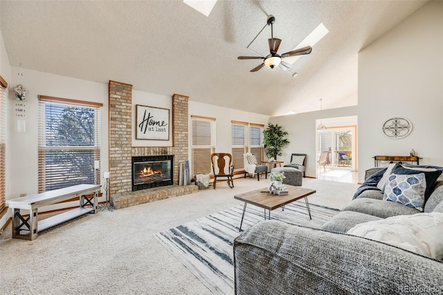 10436 W 84th Pl, Arvada, CO 80005 - living area with carpet flooring, a textured ceiling, a skylight, a ceiling fan, and a brick fireplace