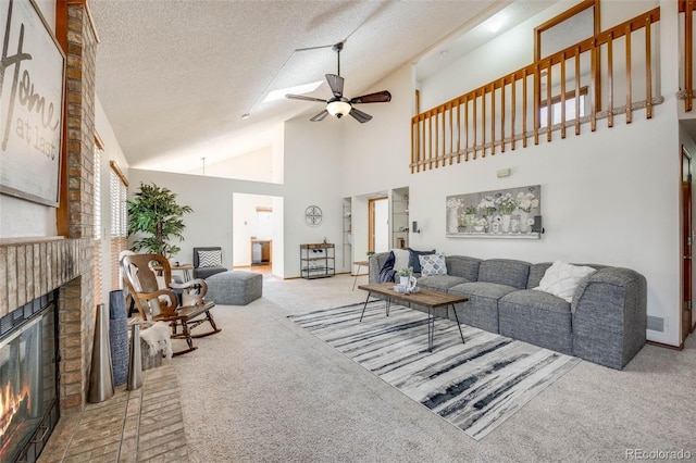 10436 W 84th Pl, Arvada, CO 80005 - living area with carpet, a brick fireplace, a ceiling fan, a textured ceiling, and high vaulted ceiling