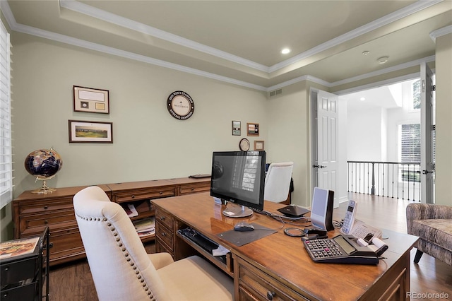 917 Dakota Dr, Castle Rock, CO 80108 - office featuring dark wood-style flooring, crown molding, a tray ceiling, and recessed lighting