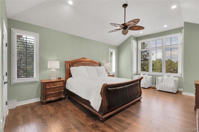 917 Dakota Dr, Castle Rock, CO 80108 - bedroom with lofted ceiling, dark wood-style floors, recessed lighting, and ceiling fan