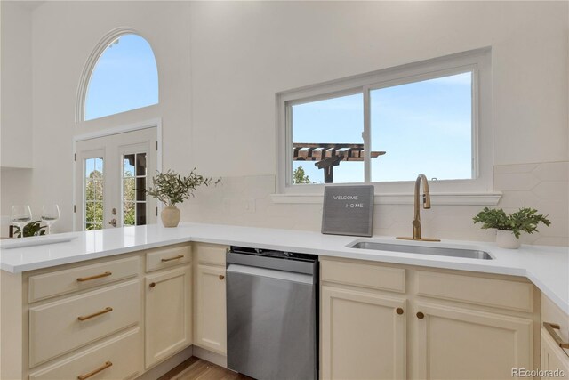 kitchen with stainless steel dishwasher, a sink, plenty of natural light, and a peninsula