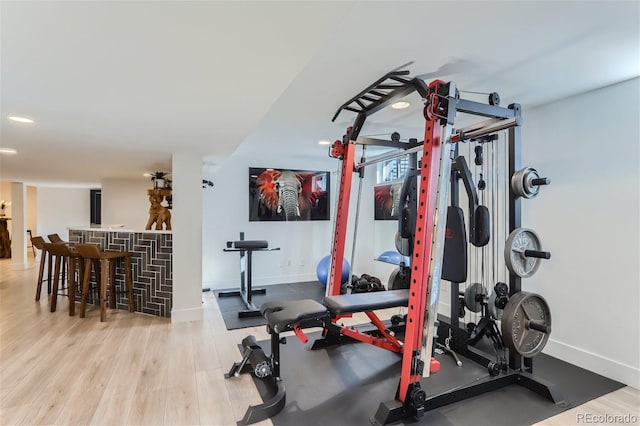 exercise room featuring light hardwood / wood-style flooring