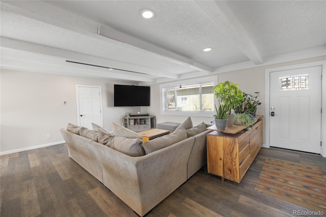 840 Mesa Dr, Silverthorne, CO 80498 - living area featuring beam ceiling, dark wood finished floors, baseboards, a textured ceiling, and recessed lighting