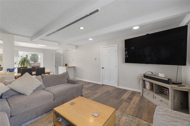 840 Mesa Dr, Silverthorne, CO 80498 - living room with a textured ceiling, beam ceiling, recessed lighting, baseboards, and wood finished floors