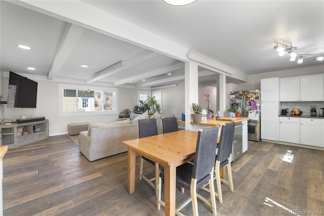 840 Mesa Dr, Silverthorne, CO 80498 - dining room featuring dark wood-type flooring, beam ceiling, recessed lighting, and baseboards