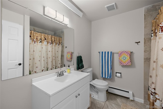 840 Mesa Dr, Silverthorne, CO 80498 - full bath featuring a baseboard radiator, tile patterned floors, vanity, toilet, and a shower with curtain