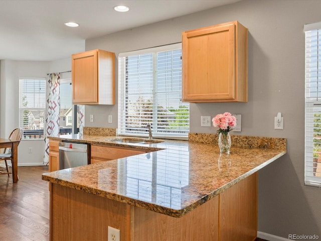 4816 S Elk Way, Aurora, CO 80016 - kitchen featuring dishwasher, light brown cabinetry, plenty of natural light, and recessed lighting