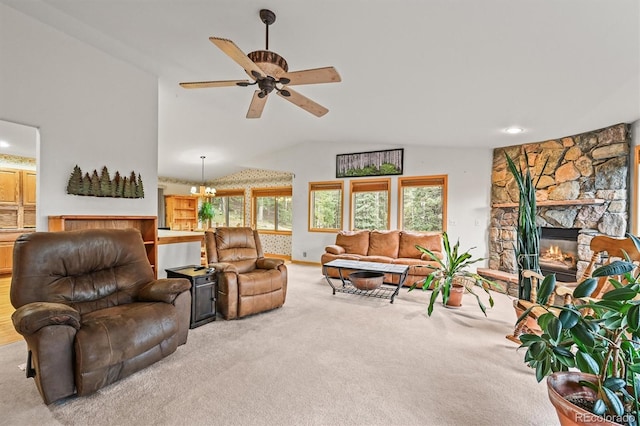 29825 Kennedy Gulch Rd, Conifer, CO 80433 - living room featuring vaulted ceiling, carpet floors, a ceiling fan, a stone fireplace, and recessed lighting
