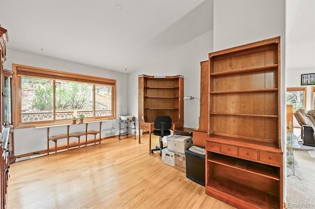 29825 Kennedy Gulch Rd, Conifer, CO 80433 - office featuring light wood-style flooring, lofted ceiling, plenty of natural light, and baseboards