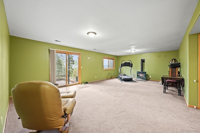 29825 Kennedy Gulch Rd, Conifer, CO 80433 - sitting room with a wood stove, carpet, and baseboards