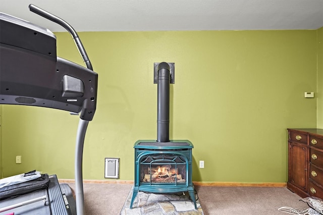29825 Kennedy Gulch Rd, Conifer, CO 80433 - detailed view of a wood stove, carpet, and baseboards