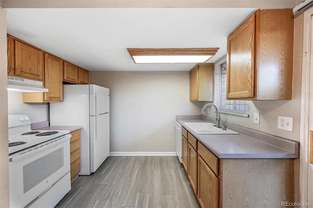 kitchen featuring light wood finished floors, under cabinet range hood, light countertops, white appliances, and a sink