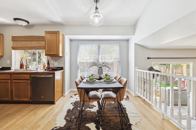 8510 Union Cir, Arvada, CO 80005 - kitchen with stainless steel dishwasher, light wood-style flooring, plenty of natural light, decorative light fixtures, and a textured ceiling