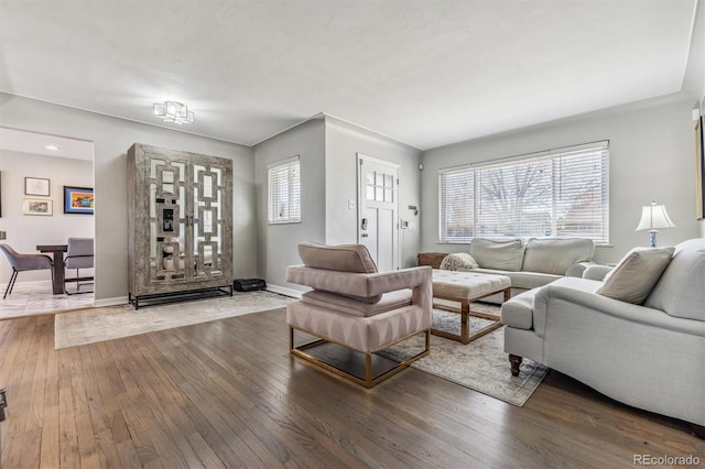 living room with dark hardwood / wood-style flooring