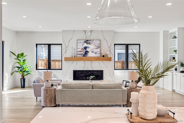 living room featuring a premium fireplace, light hardwood / wood-style floors, and a healthy amount of sunlight