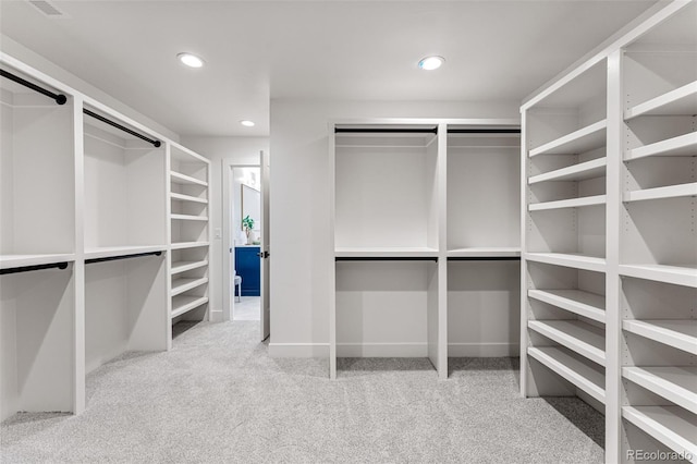 walk in closet with light carpet