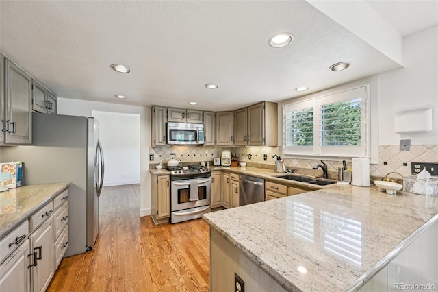 kitchen with stainless steel appliances, a sink, a peninsula, light wood-type flooring, and decorative backsplash