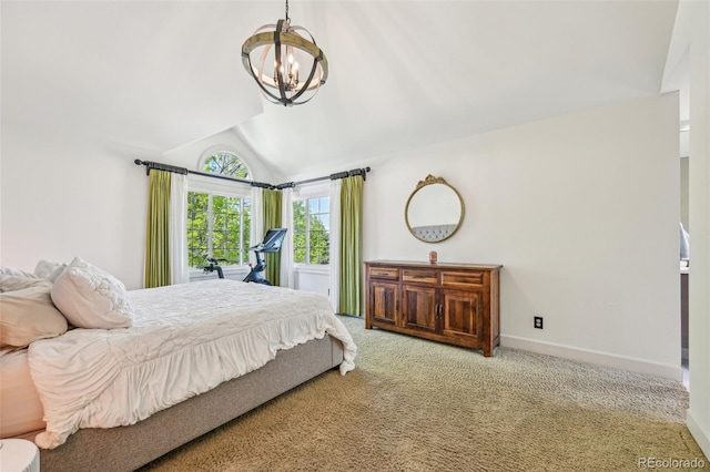 bedroom with lofted ceiling, a chandelier, carpet flooring, and baseboards