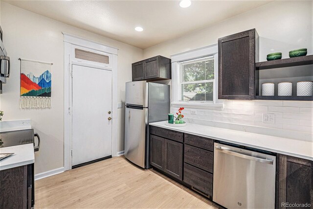1021 E 23rd Ave, Denver, CO 80205 - kitchen with appliances with stainless steel finishes, light wood-style flooring, light countertops, backsplash, and recessed lighting