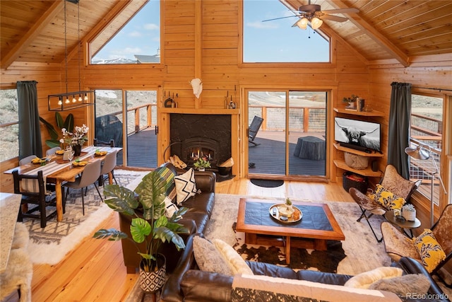 577 Gcr 8952, Granby, CO 80446 - living area featuring a wood ceiling with exposed beams, hardwood / wood-style flooring, plenty of natural light, wooden walls, and high vaulted ceiling
