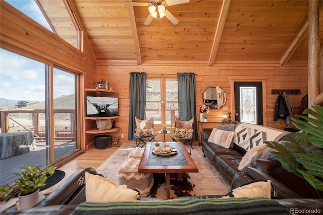 577 Gcr 8952, Granby, CO 80446 - living room with wooden ceiling, wood finished floors, wooden walls, plenty of natural light, and ceiling fan
