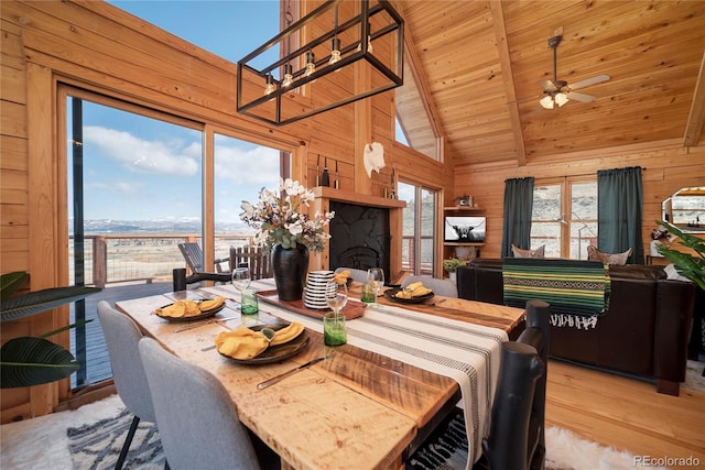 577 Gcr 8952, Granby, CO 80446 - dining room with wooden walls, wood finished floors, wooden ceiling, ceiling fan, and high vaulted ceiling