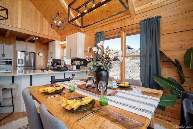 577 Gcr 8952, Granby, CO 80446 - dining room featuring a chandelier, wooden walls, and wood ceiling
