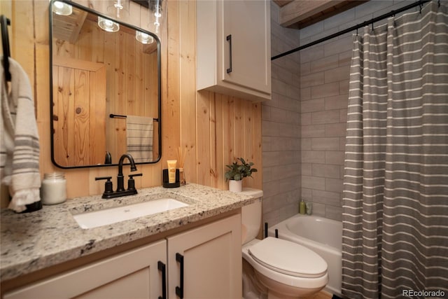 577 Gcr 8952, Granby, CO 80446 - bathroom with vanity, shower / bathtub combination with curtain, and wood walls