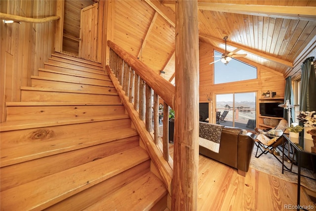 577 Gcr 8952, Granby, CO 80446 - staircase with a wooden ceiling with exposed beams, wood finished floors, wooden walls, a ceiling fan, and high vaulted ceiling