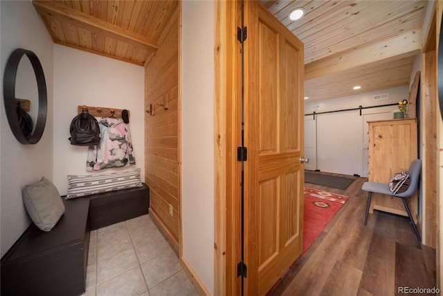 577 Gcr 8952, Granby, CO 80446 - corridor with wood ceiling, a barn door, recessed lighting, and light tile patterned floors