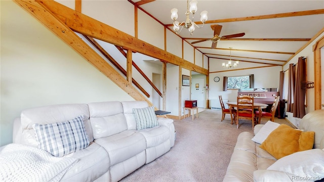 living room with carpet floors, ceiling fan with notable chandelier, and high vaulted ceiling