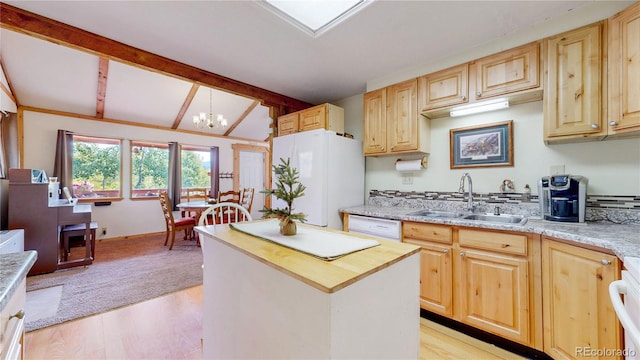 kitchen with light wood-type flooring, a center island, sink, a notable chandelier, and vaulted ceiling with beams