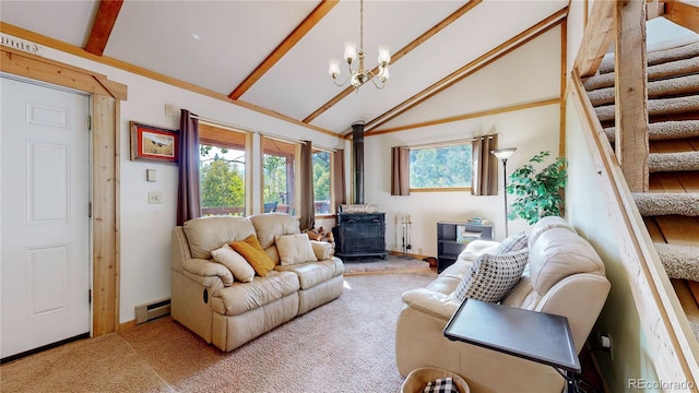 carpeted living room featuring baseboard heating, beam ceiling, a notable chandelier, a wood stove, and high vaulted ceiling