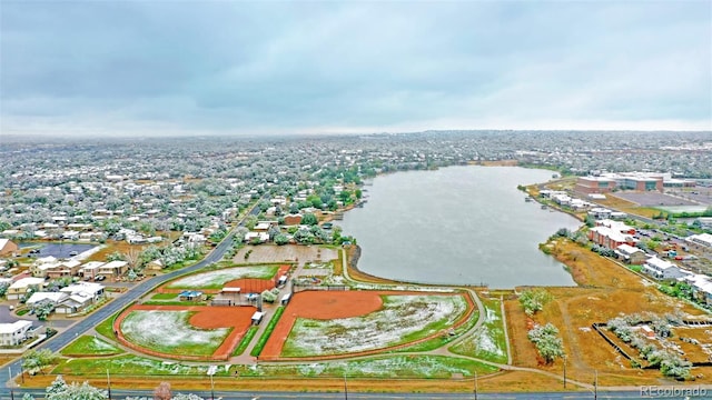 aerial view featuring a water view