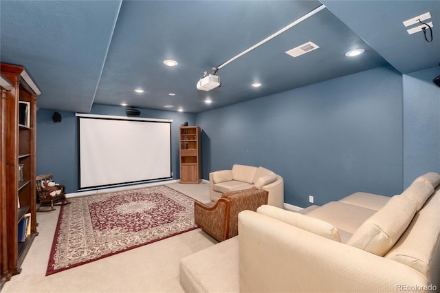 home theater featuring light colored carpet