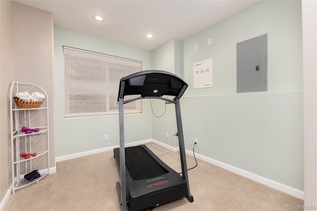 workout room with electric panel and light colored carpet