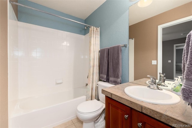 full bathroom featuring toilet, tile patterned flooring, shower / tub combo with curtain, and vanity