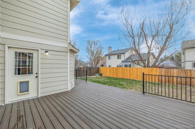 wooden terrace with a fenced backyard and a lawn