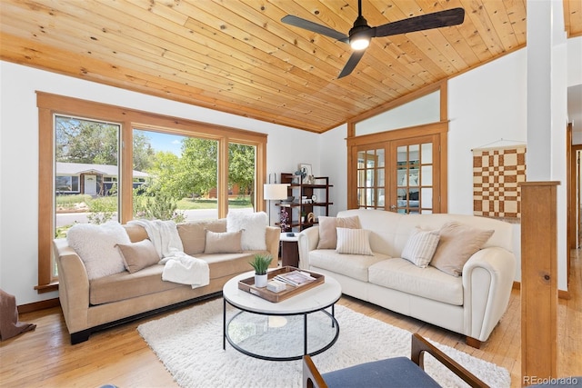 270 31st St, Boulder, CO 80305 - living room featuring vaulted ceiling, light wood-style floors, wooden ceiling, and a ceiling fan